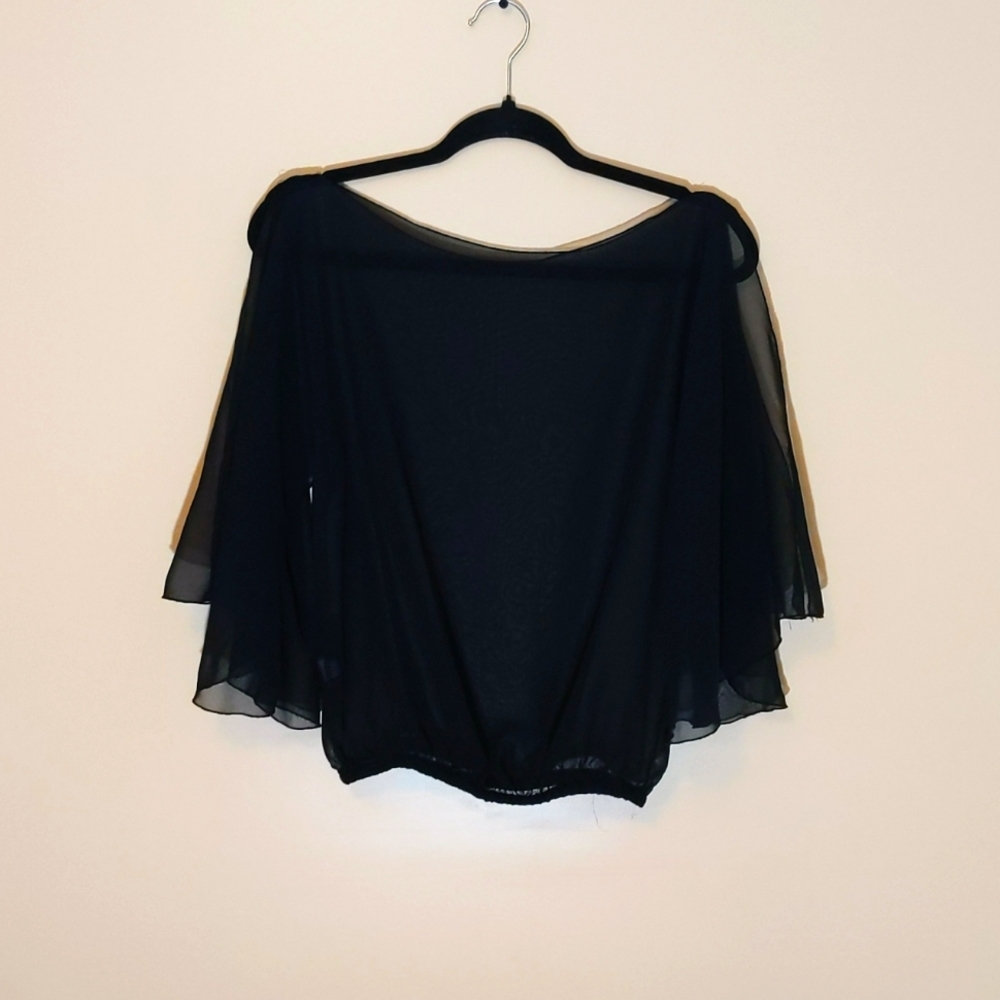 Bedo| Vintage Black Sheer Slit Bat Wing Blouse with Elastic Waist